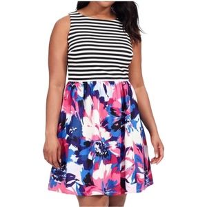 London Times Pocket Floral Striped Dress Mixed Media Sleeveless Knee Day Length